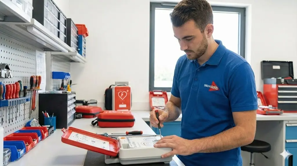 Techniker bei der Arbeit an einem Defibrillator