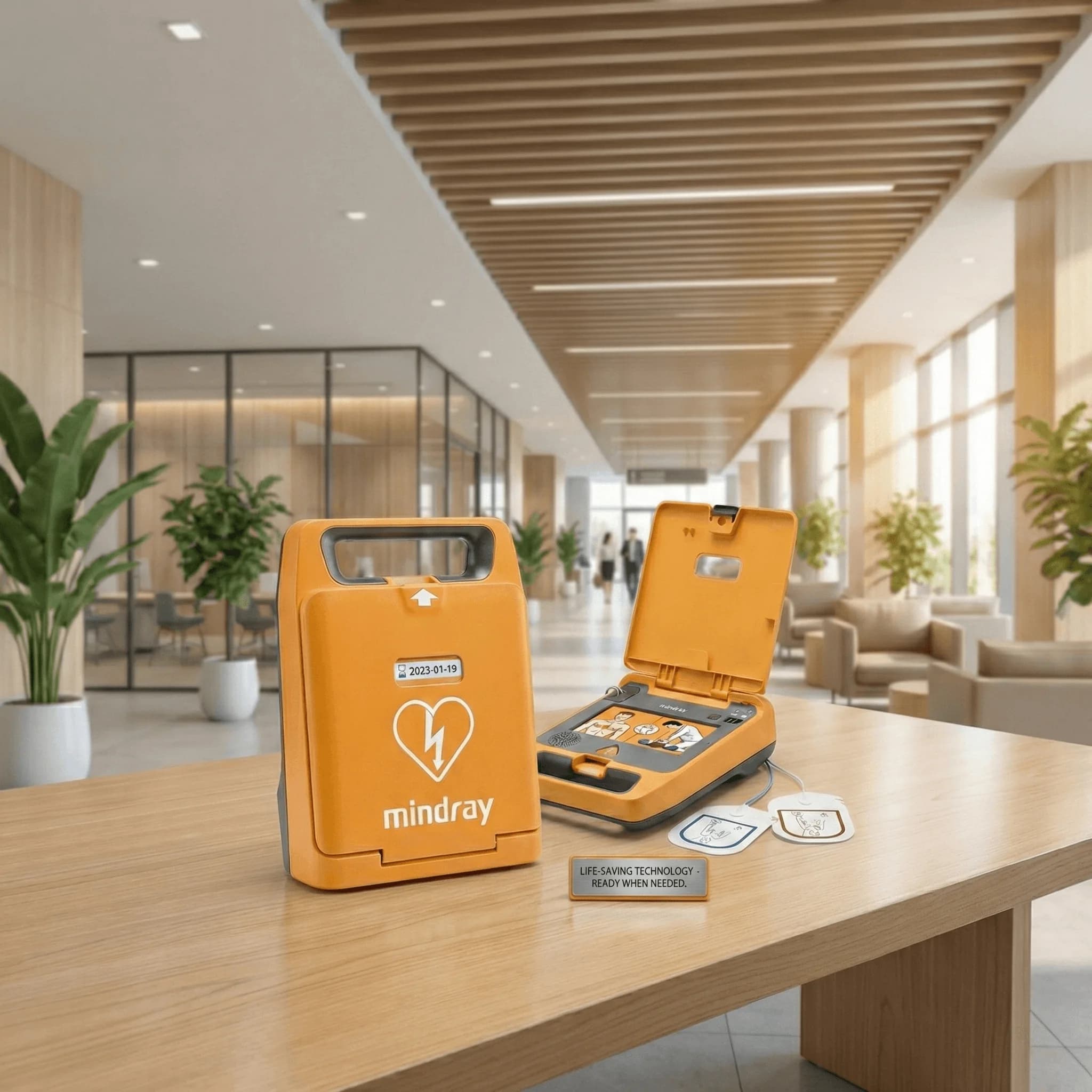 Desfibrilador para consulta médica: Mindray C1A sobre un mostrador de recepción, tapa abierta y electrodos visibles