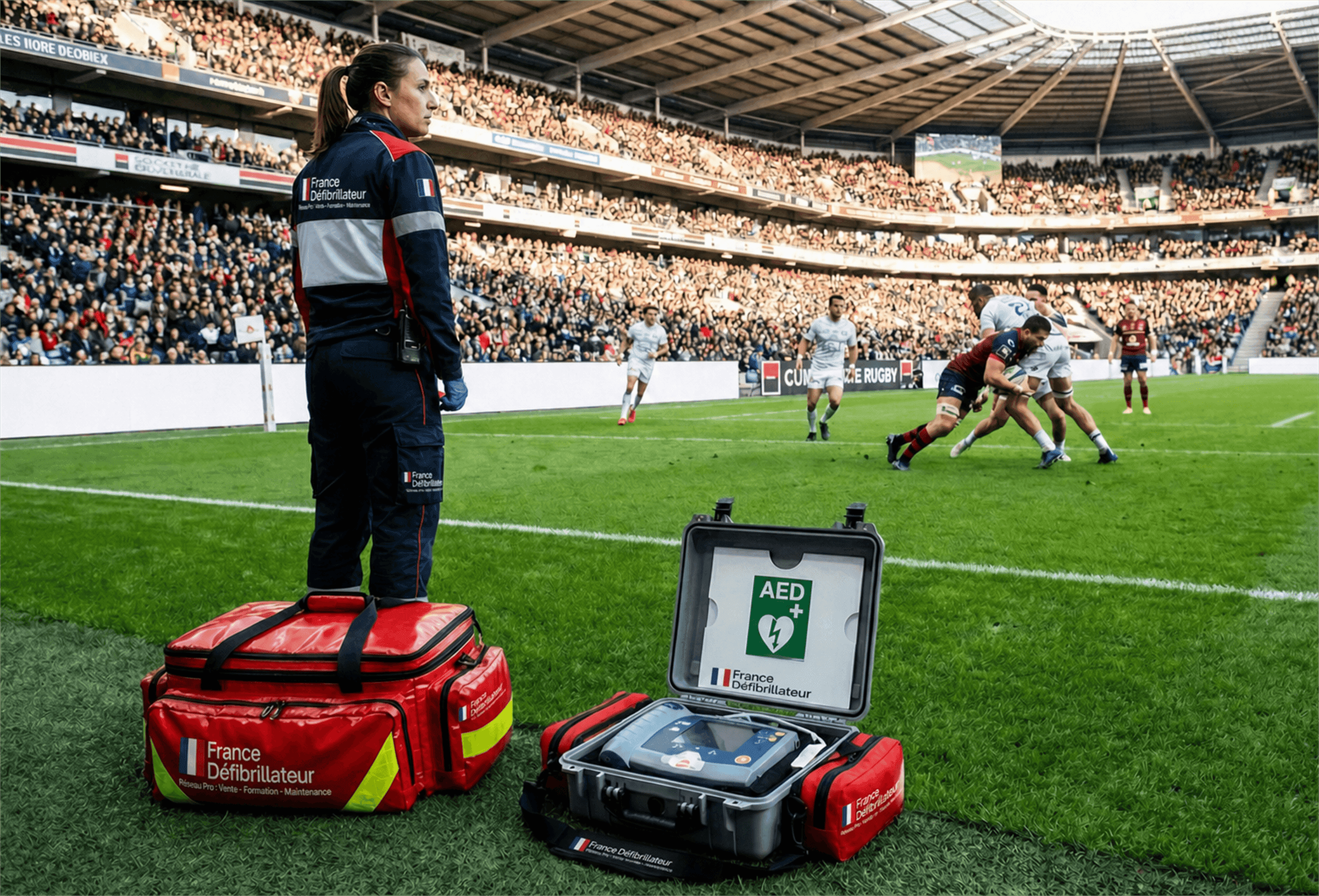 Defibrillator und Erste-Hilfe-Tasche am Rand eines Sportplatzes neben einer Betreuerin