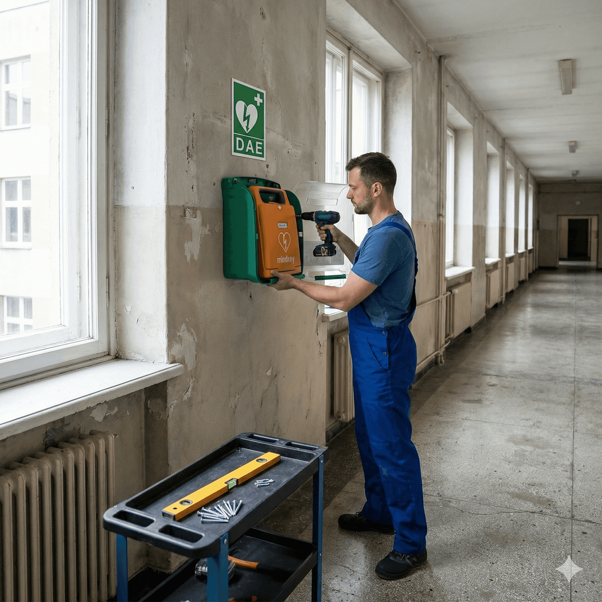 Técnico instalando un desfibrilador en un armario mural en el pasillo de una escuela